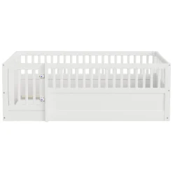 Lit enfant 90x200cm - cadre en bois - barrières de sécurité - porte - blanc (sommier non inclus)