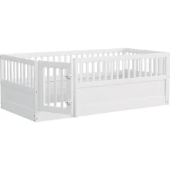 Lit enfant 90x200cm - cadre en bois - barrières de sécurité - porte - blanc (sommier non inclus)