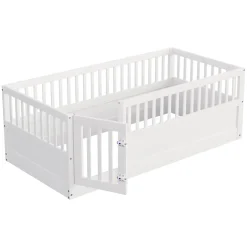 Lit enfant 90x200cm - cadre en bois - barrières de sécurité - porte - blanc (sommier non inclus)