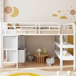 Lit enfant 90x200cm - escalier - étagères - rangements - blanc (matelas non inclus)