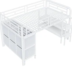 Lit enfant 90x200cm - escalier - étagères - rangements - blanc (matelas non inclus)