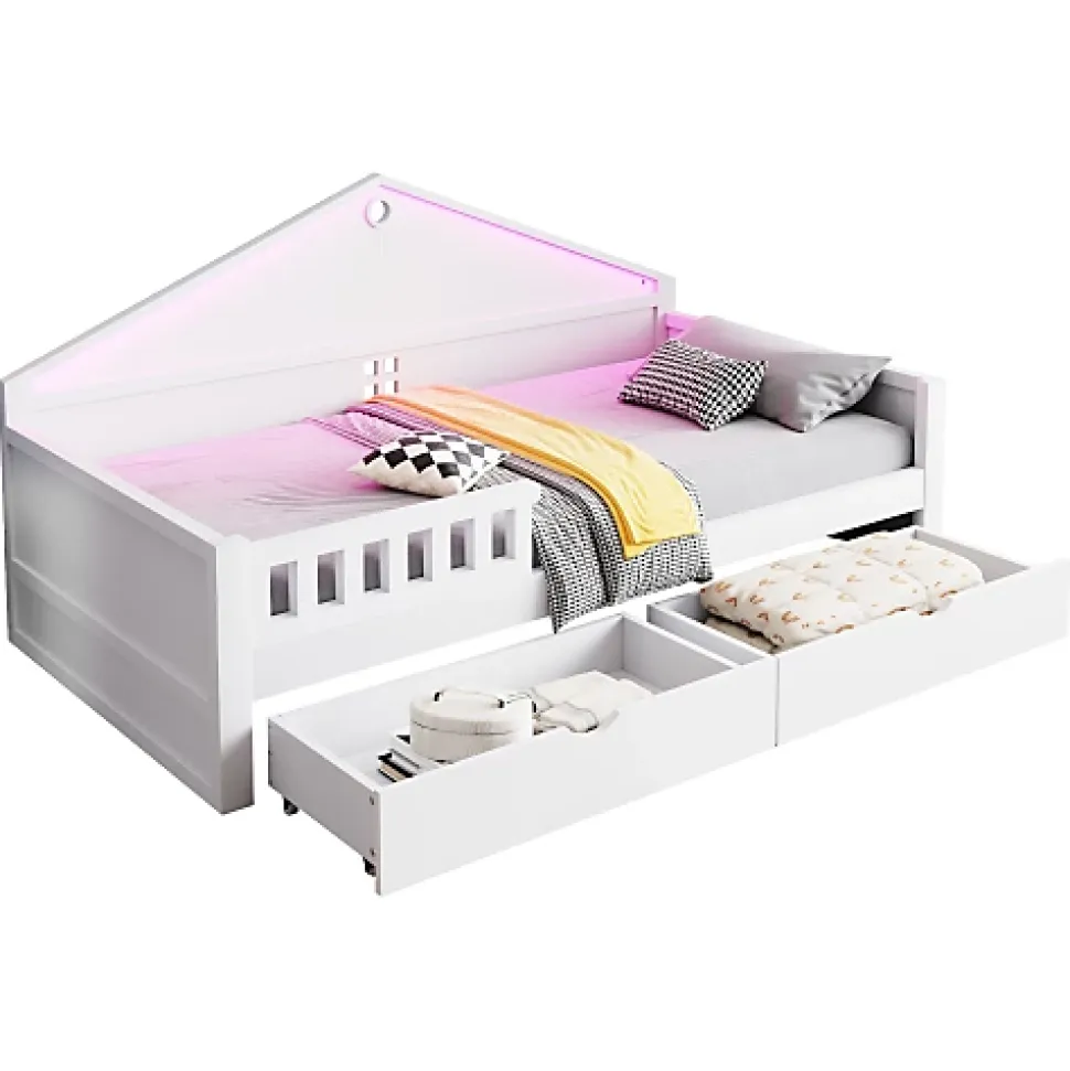 Lit enfant 90x200cm - LED - 2 tiroirs - sommier à lattes - blanc (matelas non inclus)
