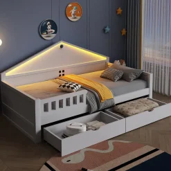 Lit enfant 90x200cm - LED - 2 tiroirs - sommier à lattes - blanc (matelas non inclus)