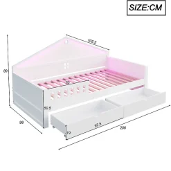 Lit enfant 90x200cm - LED - 2 tiroirs - sommier à lattes - blanc (matelas non inclus)