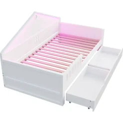 Lit enfant 90x200cm - LED - 2 tiroirs - sommier à lattes - blanc (matelas non inclus)