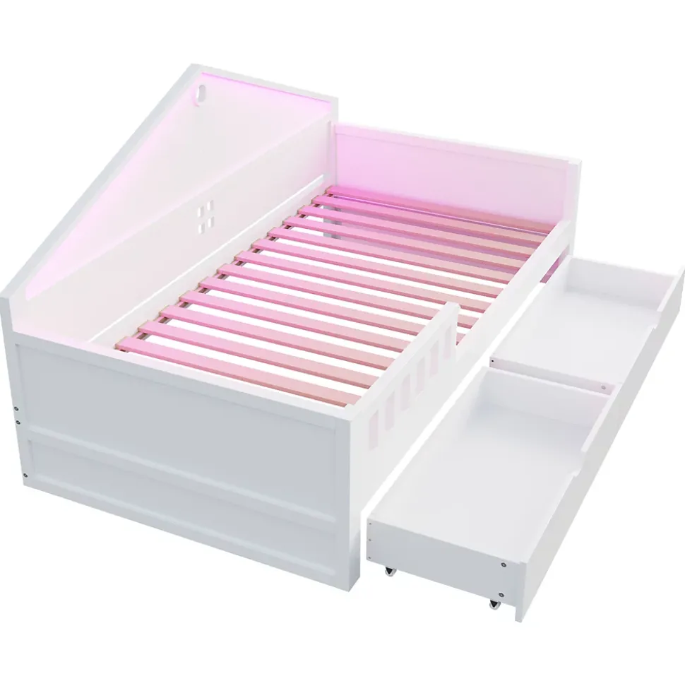 Lit enfant 90x200cm - LED - 2 tiroirs - sommier à lattes - blanc (matelas non inclus)