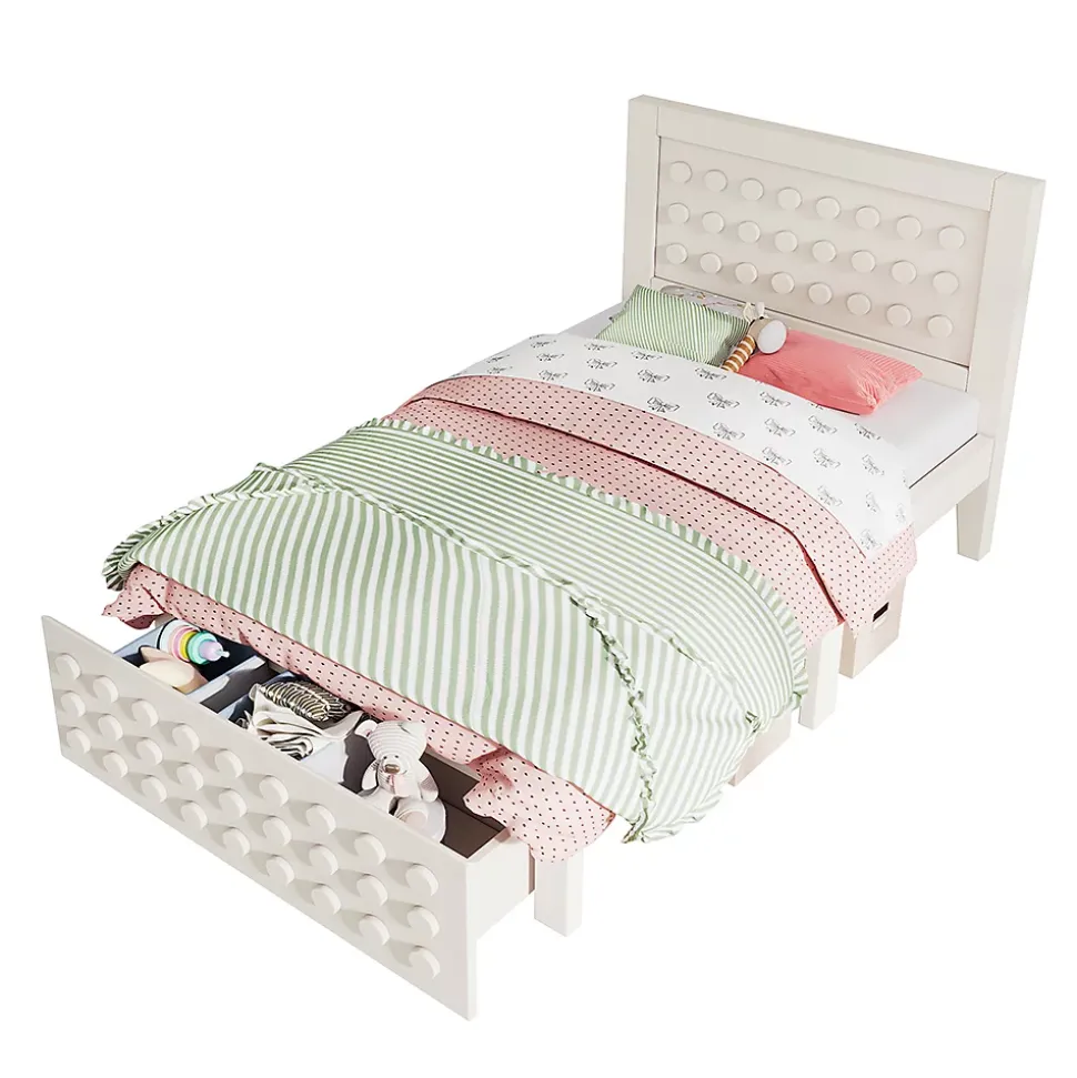 Lit enfant 90x190cm bois massif, rangement tiroirs, blanc, design blocs, sans matelas