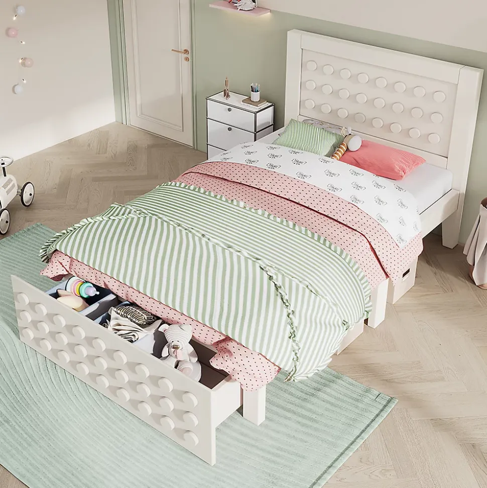 Lit enfant 90x190cm bois massif, rangement tiroirs, blanc, design blocs, sans matelas