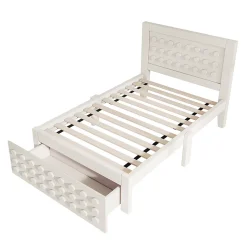 Lit enfant 90x190cm bois massif, rangement tiroirs, blanc, design blocs, sans matelas