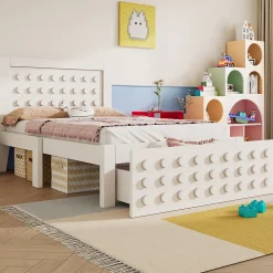 Lit enfant 90x190cm bois massif, rangement tiroirs, blanc, design blocs, sans matelas