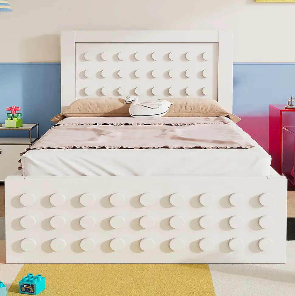 Lit enfant 90x190cm bois massif, rangement tiroirs, blanc, design blocs, sans matelas