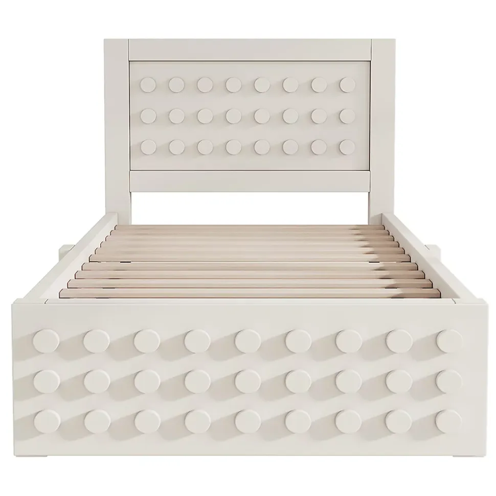 Lit enfant 90x190cm bois massif, rangement tiroirs, blanc, design blocs, sans matelas