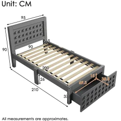 Lit enfant 90x200cm bois massif, rangement tiroirs, gris, design blocs, sans matelas