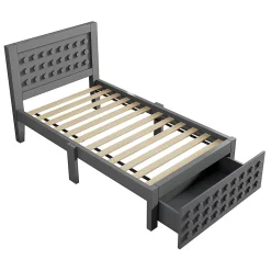 Lit enfant 90x200cm bois massif, rangement tiroirs, gris, design blocs, sans matelas