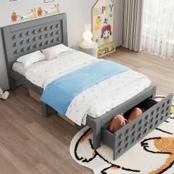 Lit enfant 90x200cm bois massif, rangement tiroirs, gris, design blocs, sans matelas