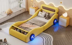 Lit Enfant 90x200cm, Forme Voiture, Roues Lumineuses, Rangement, Sans Matelas, Jaune