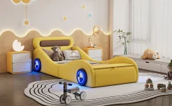 Lit Enfant 90x200cm, Forme Voiture, Roues Lumineuses, Rangement, Sans Matelas, Jaune