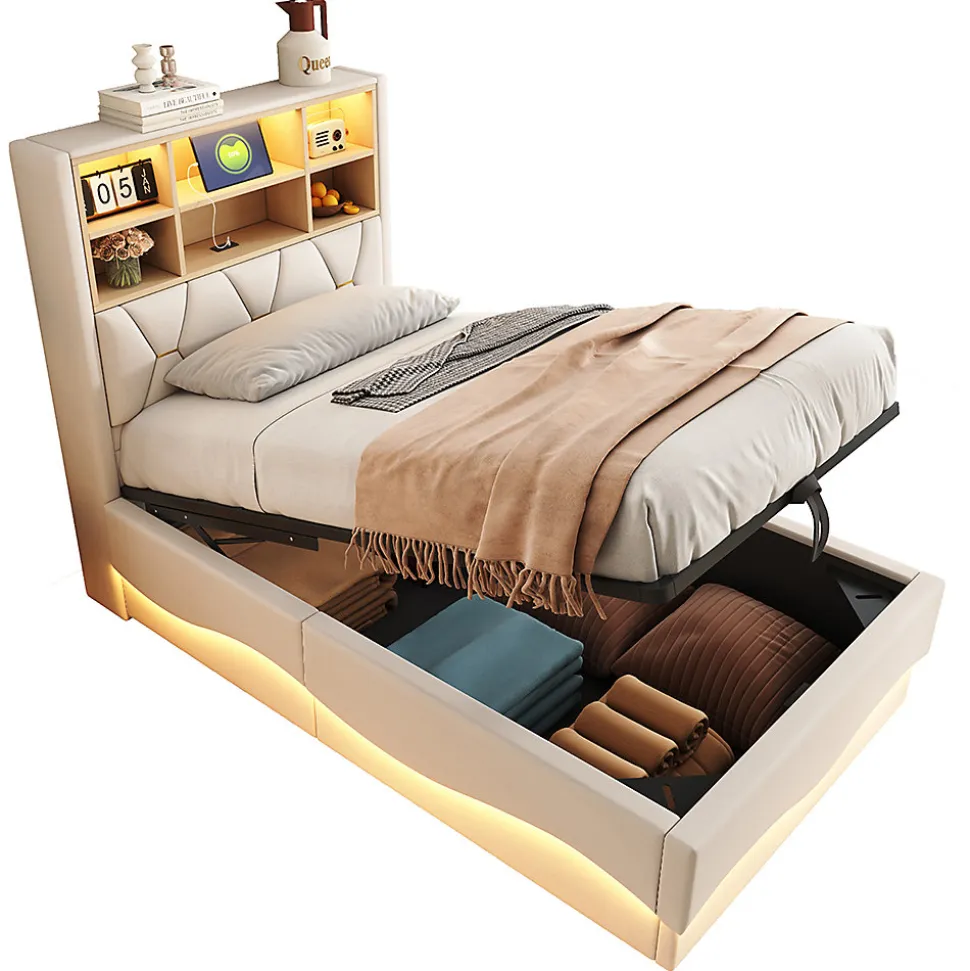 Lit enfant 90x200cm, LED app, USB, rangement hydraulique, lin beige