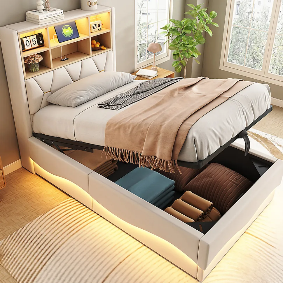 Lit enfant 90x200cm, LED app, USB, rangement hydraulique, lin beige