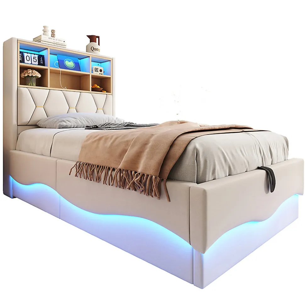 Lit enfant 90x200cm, LED app, USB, rangement hydraulique, lin beige