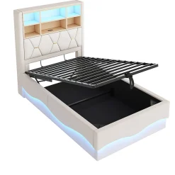 Lit enfant 90x200cm, LED app, USB, rangement hydraulique, lin beige