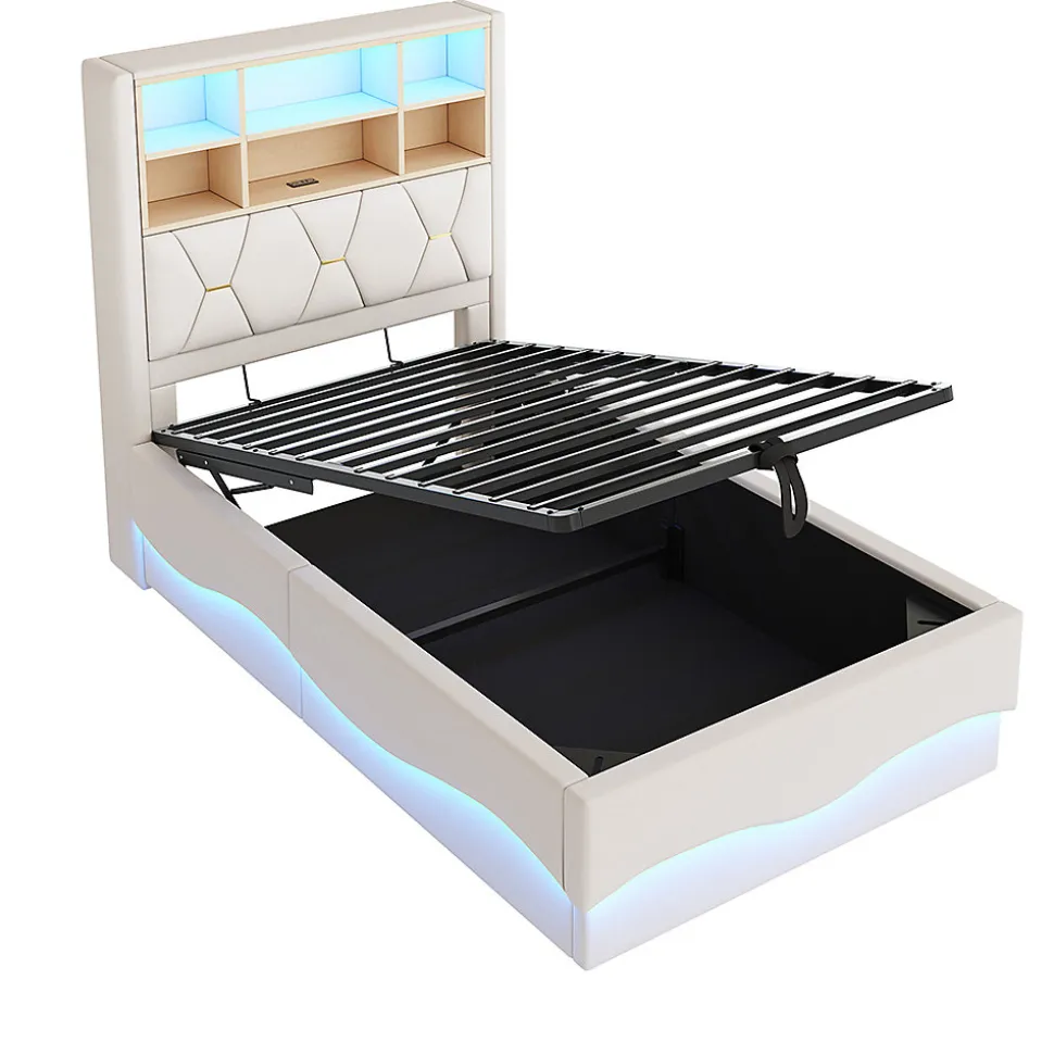 Lit enfant 90x200cm, LED app, USB, rangement hydraulique, lin beige