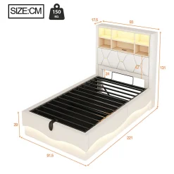 Lit enfant 90x200cm, LED app, USB, rangement hydraulique, lin beige