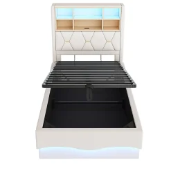 Lit enfant 90x200cm, LED app, USB, rangement hydraulique, lin beige