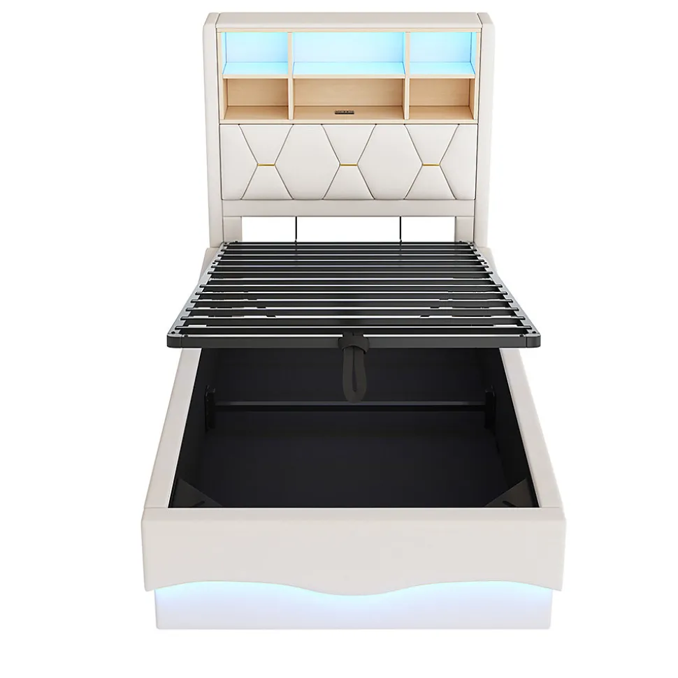 Lit enfant 90x200cm, LED app, USB, rangement hydraulique, lin beige