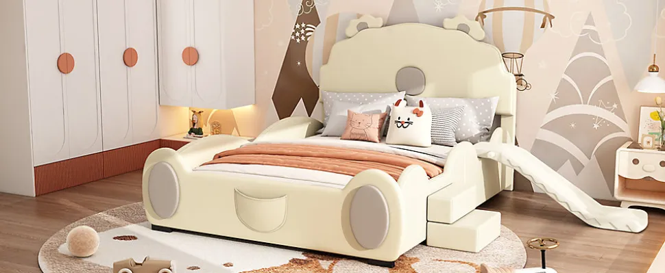 Lit Enfant 140x200cm, Lit Carton avec Toboggan, Beige