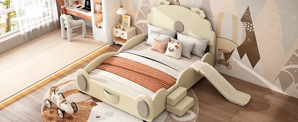 Lit Enfant 140x200cm, Lit Carton avec Toboggan, Beige