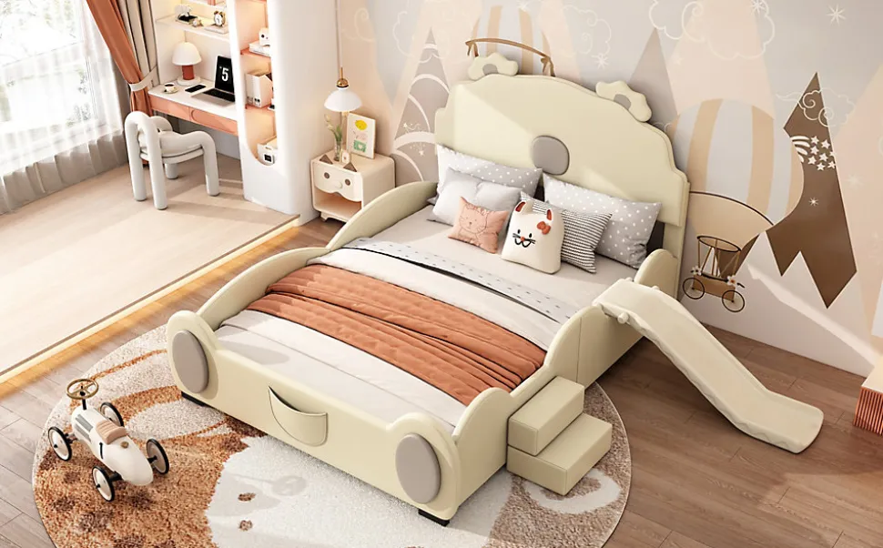 Lit Enfant 140x200cm, Lit Carton avec Toboggan, Beige