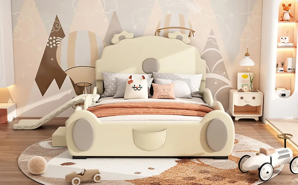 Lit Enfant 140x200cm, Lit Carton avec Toboggan, Beige