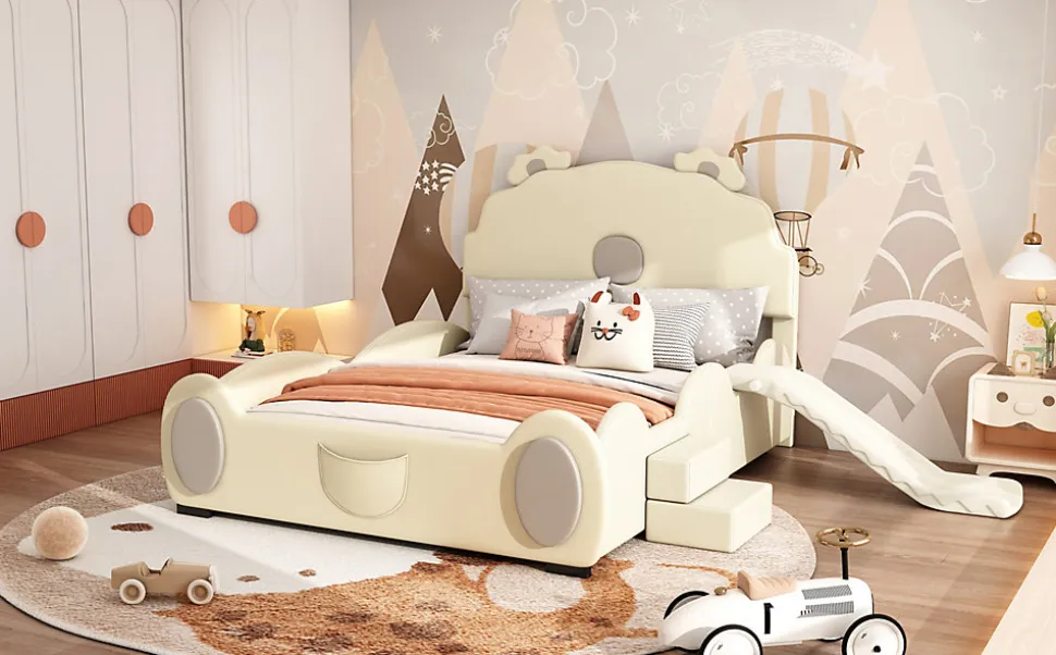 Lit Enfant 140x200cm, Lit Carton avec Toboggan, Beige