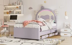 Lit Enfant 90x200cm, Lit Licorne avec Lit Escamotable, Violette