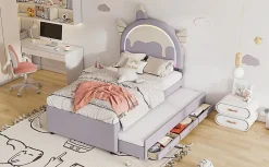 Lit Enfant 90x200cm, Lit Licorne avec Lit Escamotable, Violette