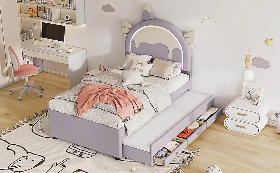 Lit Enfant 90x200cm, Lit Licorne avec Lit Escamotable, Violette