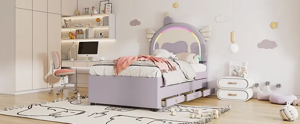 Lit Enfant 90x200cm, Lit Licorne avec Lit Escamotable, Violette