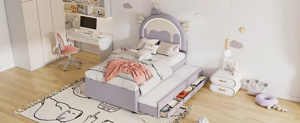 Lit Enfant 90x200cm, Lit Licorne avec Lit Escamotable, Violette