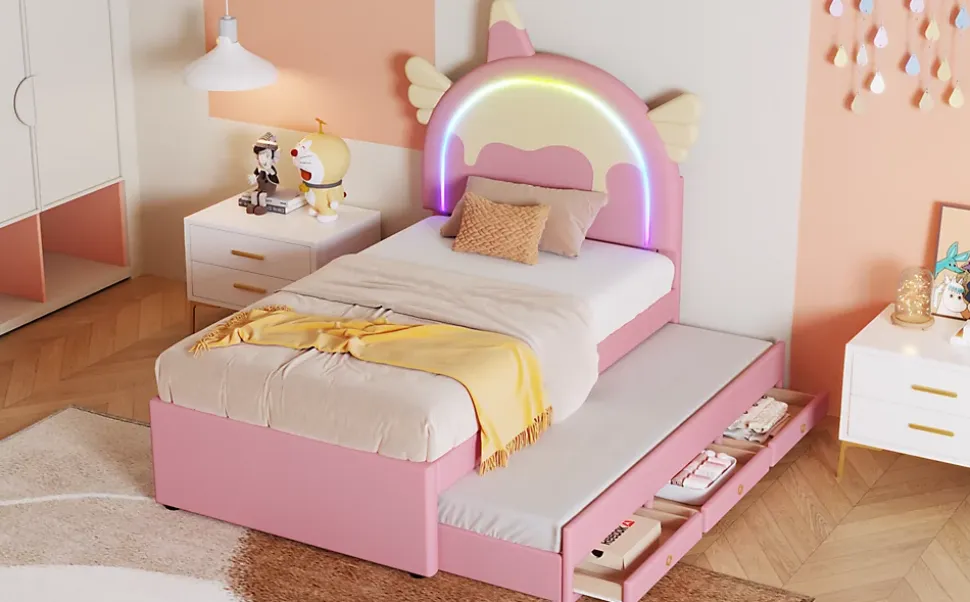 Lit Enfant 90x200cm, Lit Licorne avec Lit Escamotable, Rose