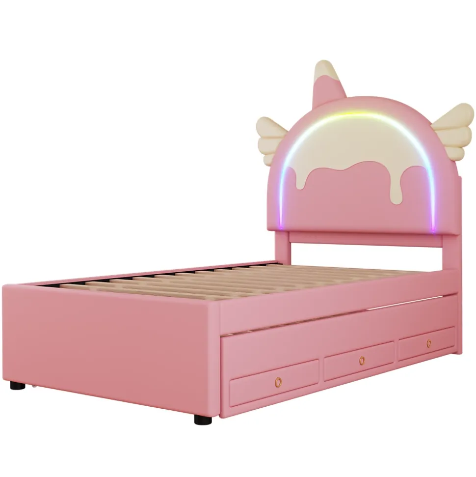 Lit Enfant 90x200cm, Lit Licorne avec Lit Escamotable, Rose