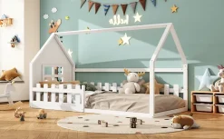 Lit Enfant 90x200cm, Maison avec Rampe, Blanc