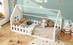 Lit Enfant 90x200cm, Maison avec Rampe, Blanc