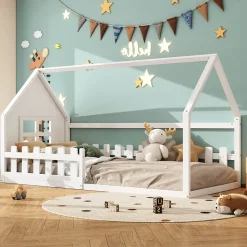 Lit Enfant 90x200cm, Maison avec Rampe, Blanc