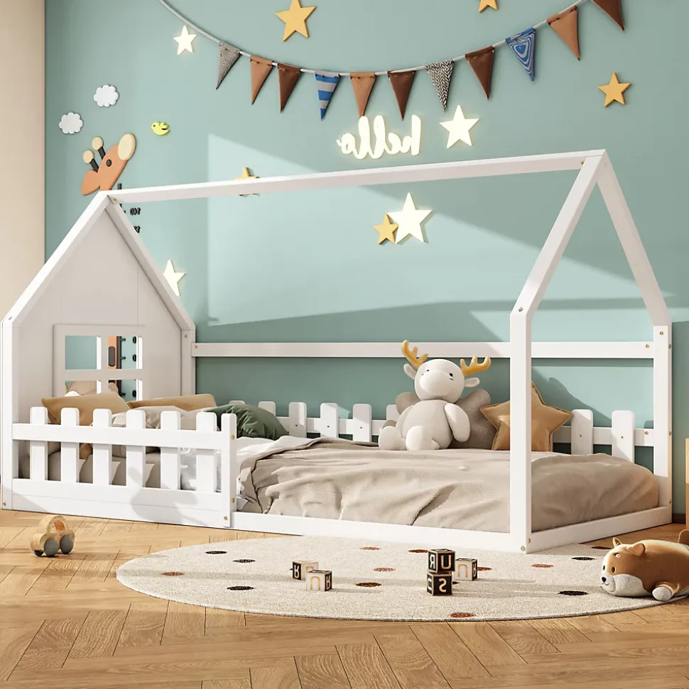 Lit Enfant 90x200cm, Maison avec Rampe, Blanc