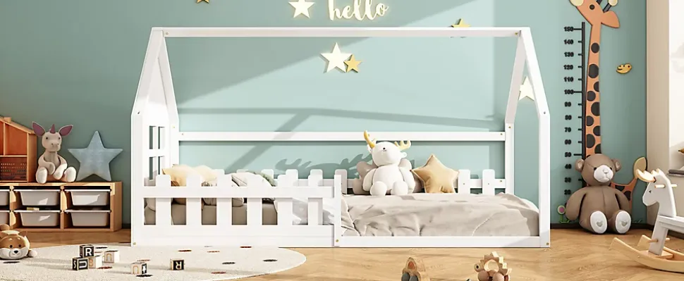 Lit Enfant 90x200cm, Maison avec Rampe, Blanc