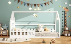 Lit Enfant 90x200cm, Maison avec Rampe, Blanc
