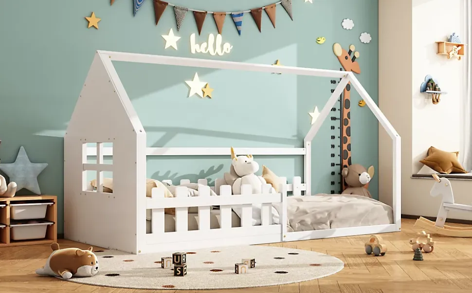 Lit Enfant 90x200cm, Maison avec Rampe, Blanc