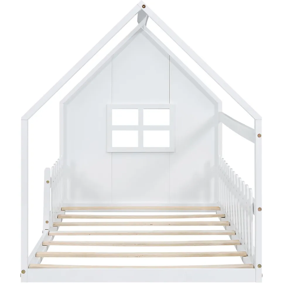 Lit Enfant 90x200cm, Maison avec Rampe, Blanc