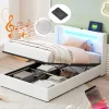 Lit enfant, 90x200cm, PU, LED, USB, Bluetooth, coffre, sommier, beige